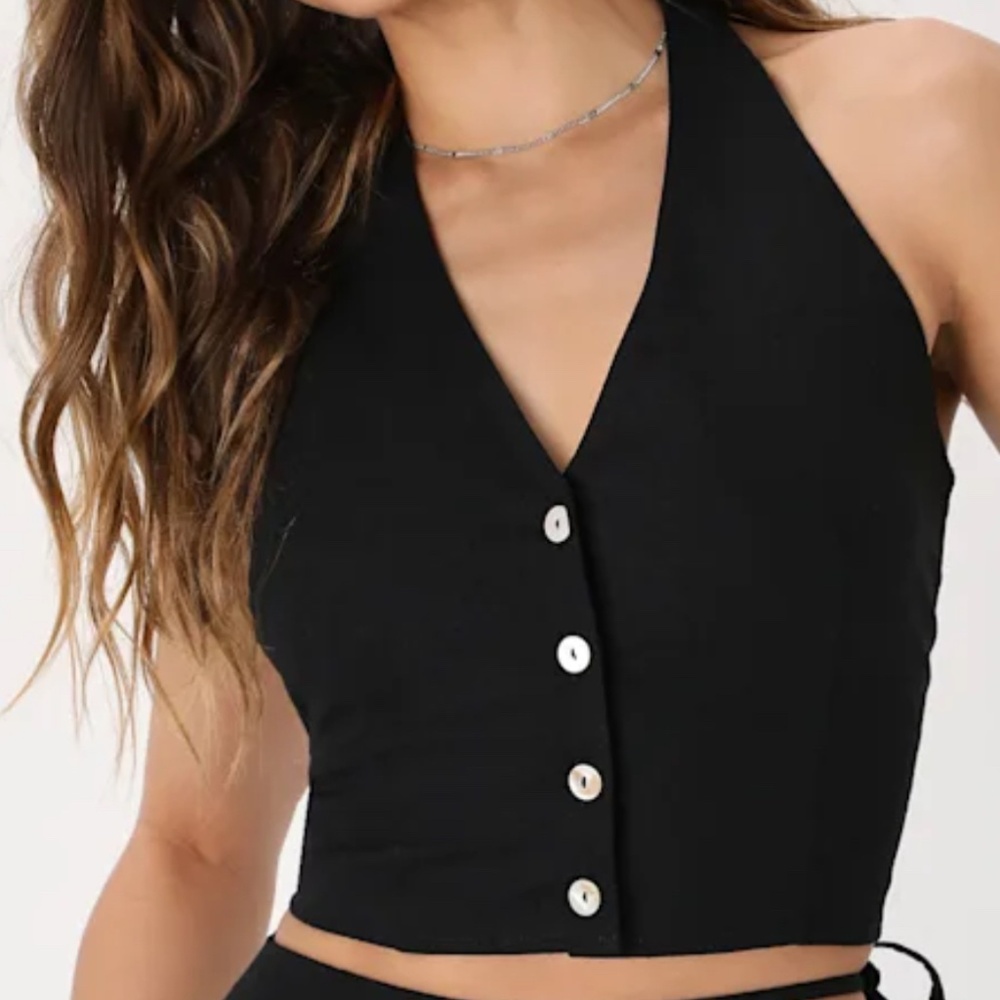 Lulus Exceptional Energy Black Linen Button-up Halter Top - Size XS
